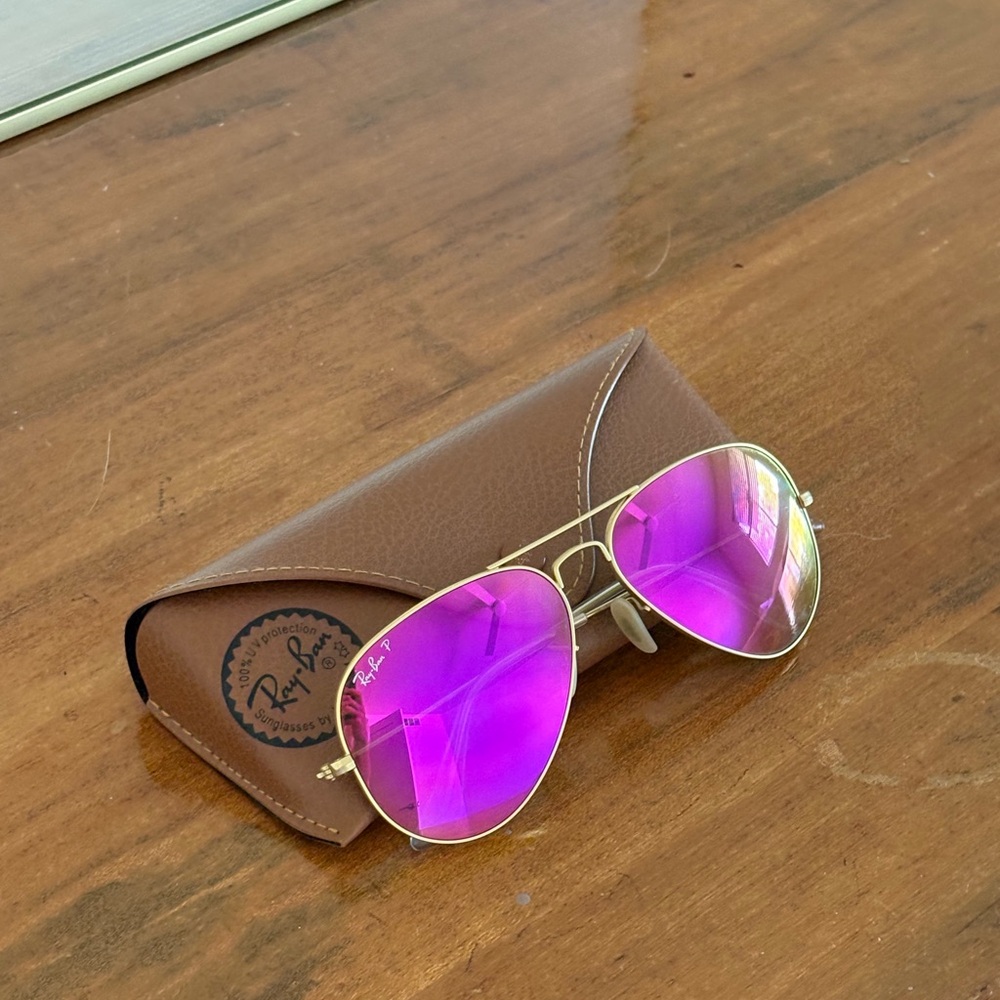 Ray-Ban Gold Frame Purple Mirrored Aviator Sunglasses